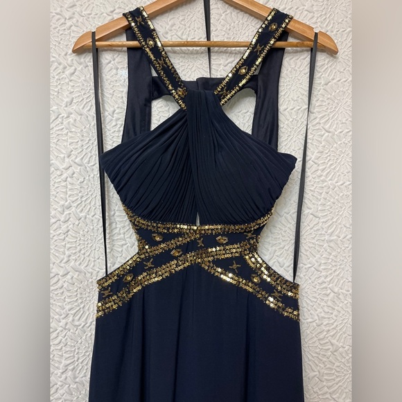 Betsy & Adam Navy Formal Gown Size 8 Gold Beaded Trim Cutout Halter Prom Pageant - Picture 2 of 15